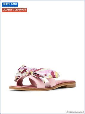 Women's Square Toe Slip On Leather Flat Sandals with Bow